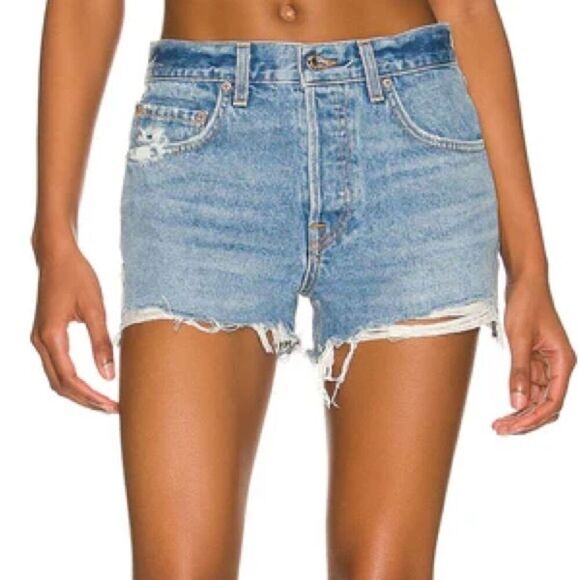 GRLFRND Size 27 blue denim jean cut off shorts Style Helena NWT Msrp $168